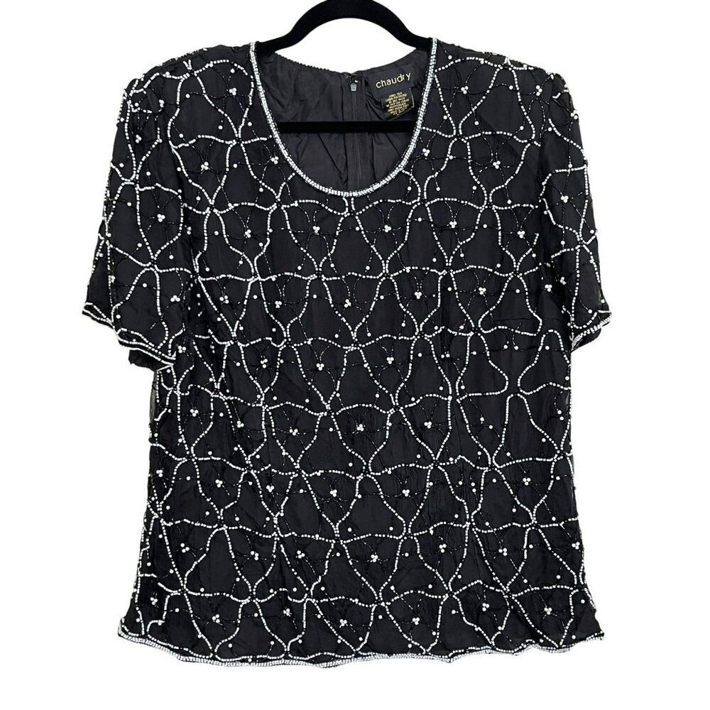 Anthropologie Chaudry Black Silk Beaded Blouse 3X Short Sleeve Elegant Top